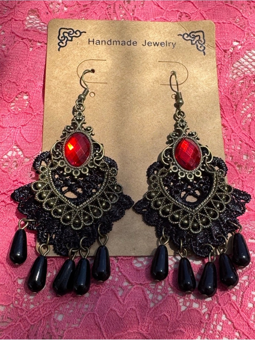 ❤️ NWT Handmade Black Lace & Red Gem Dangle Earrings Elegant Women’s Jewelry